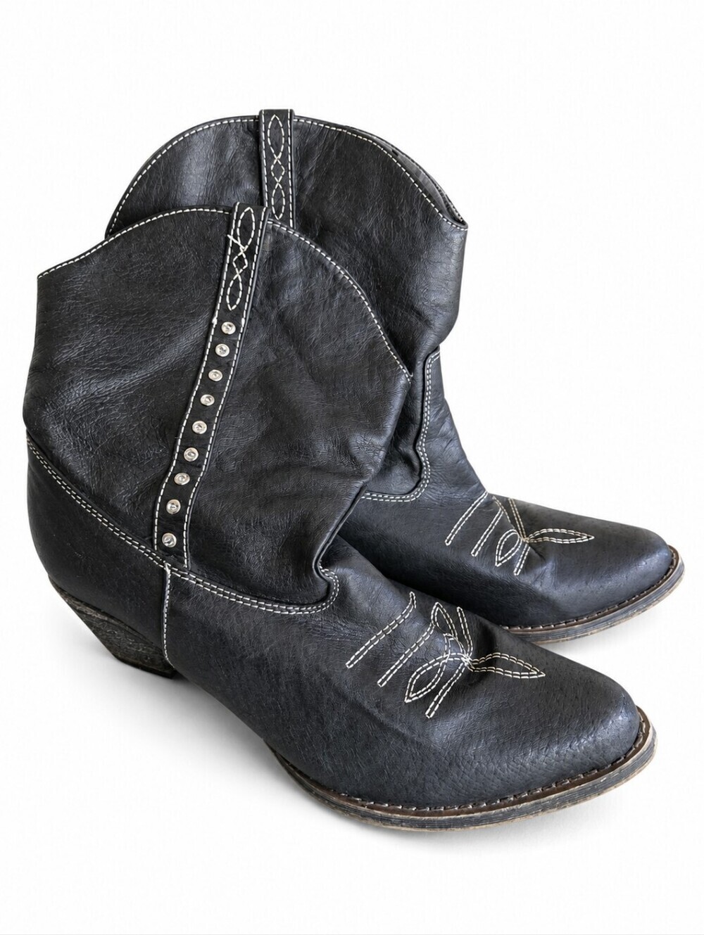 Very Volatile Black Western Ankle Boots with White Stitching and Studs